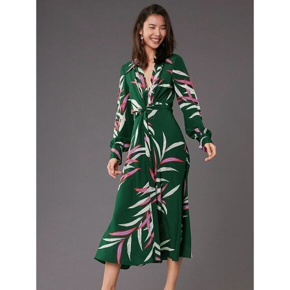 NWT DVF Diane von Furstenberg QUINCY Hunter Silk Wrap Midi Dress US10 Green - Picture 1 of 10